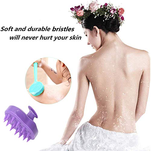 Silicone Body Scrubber & Scalp Massager, Long Handle Shower Brush, Exfoliating Scrubber for Men, Women & Kids - color: Blue