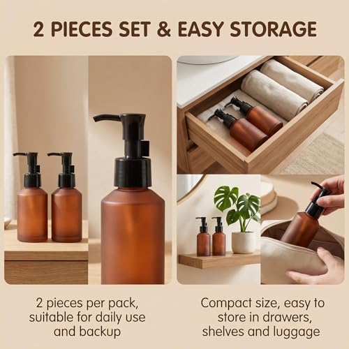 2Pcs 60ml 2oz Amber Frosted Glass Pump Bottles Lotion Dispenser Empty Refillable Travel Size Cosmetic Toiletries Sample Storage Container Vial Jar with Black Pump for Shampoo Cream