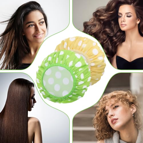 WSICSE 2 Packs Large Shower Caps for Women, Reusable Waterproof Shower Cap Bath Caps with Hair Scrunchies for Long Thick Hair (Cyan/Yellow) - color: cyan, yellow