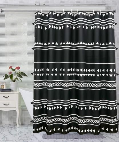 UPHOME Boho Black and White Fabric Tassel Triangle Stripes Geometric Shower Curtain Set with Hooks Chic Tribal Bathroom Decor Accessories (72X72 inch, Black) - color: Black, size: 72"W x 72"L (Pack of 1)