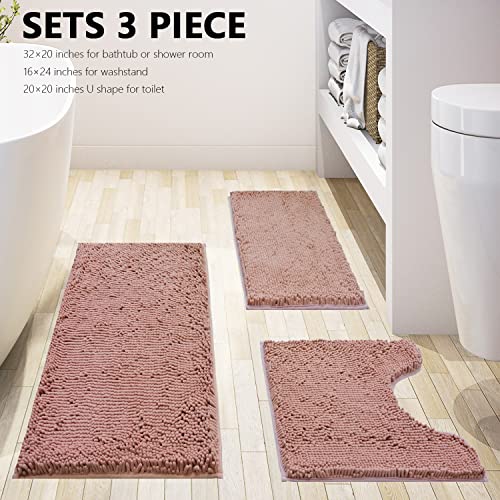 Bathroom Rugs Chenille 3-Piece Extra Soft and Absorbent Shag Bathroom Rugs, Machine Wash Mat, Strong PVC Non-Slip Underside, Plush Carpet Mats (Deep Pink) - color: Deep Pink, size: 2'8" x 1'8" (16x24"+20x32"+20x20"U shape）