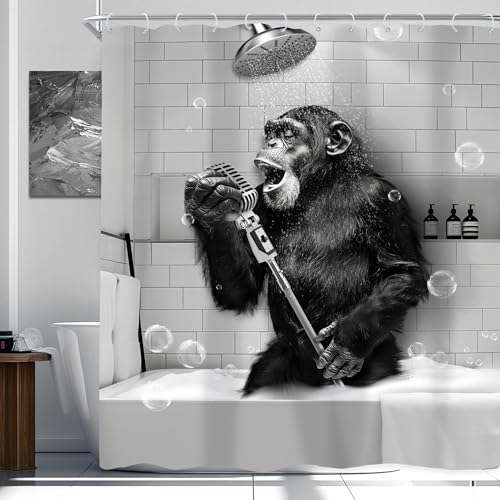 Newsely Funny Monkey Shower Curtain 72Wx72H Inch Black White Animal Chimpanzee Singing in Bathtub Men Kids Boy Shower Curtain Bathroom Set Modern Cool Waterproof Bath Decoration Accessories Home Decor - color: G-monkey, size: 72"W x 72"L (Pack of 1)