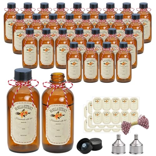 YINGERHUAN 4 oz Amber Glass Bottles - Small Glass Jars with Black Lids Empty Boston Bottle,Dispensing Bottles for Homemade Vanilla Extract, Essential Oils, Herbal Medicine (30)