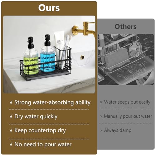 Shinowa Kitchen Dish Soap Dispenser Set, 14OZ Glass Bottle with Rustproof 304 Stainless Steel Sponge Holder and Instant Dry Tray, Hand and Dish Soap Dispenser Set for Kitchen Sink Organizer Decor - color: Black + Dark Grey + Transparent