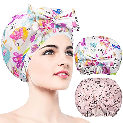 2 PCS Extra Large & Adjustable Shower Caps, Bow Knot Hair Cap | Reusable & Double Layer Bathing Cap for Women, Waterproof Outer & EVA Lining, for Shower, Spa, Makeup, for All Hair Lengths - color: 2-Light-2PS