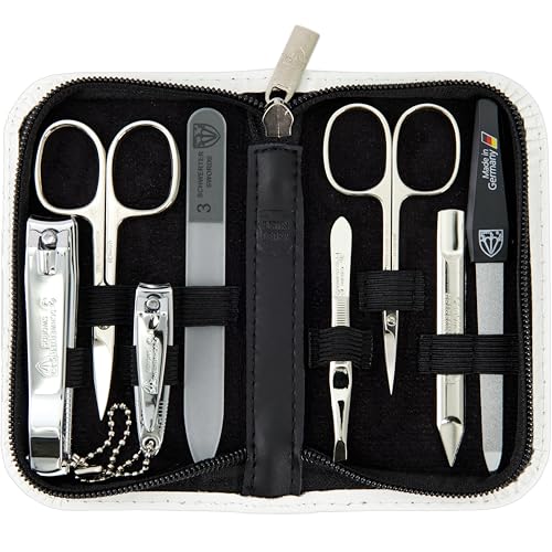 Swords Germany - brand quality 8 piece manicure pedicure grooming kit set for professional nail care genuine leather case white - Made in Germany - color: WHITE - GENUINE LEATHER