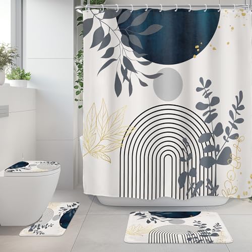 Riyidecor Mid Century Boho 4Pcs Shower Curtain Set with Toilet Lid Cover and Non-Slip Rugs,Modern Minimalist Navy Blue Bathroom Decor Set，Abstract Contour and Bath Mat with 12 Hooks - color: 01navy Blue