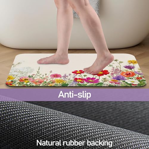 Wildflowers Plants Bathroom Rug, Rapid Dry Absorbent with Non-Slip Rubber Base Bath Mats for Bathroom 17"x30" - color: Wildflowers Plants