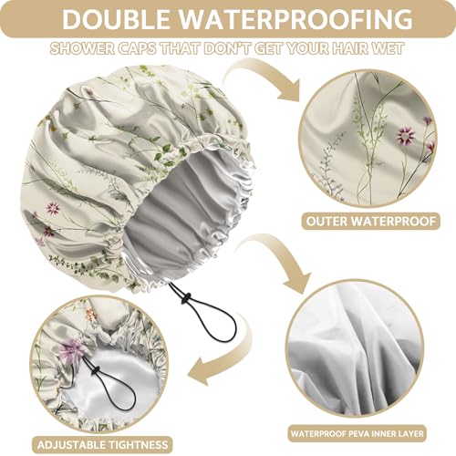 Shower Cap Adjustable Waterproof Double Layer Elastic Reusable Hair Bath Cap Cute Aesthetic for Women Girls-Floral - color: R9-Floral