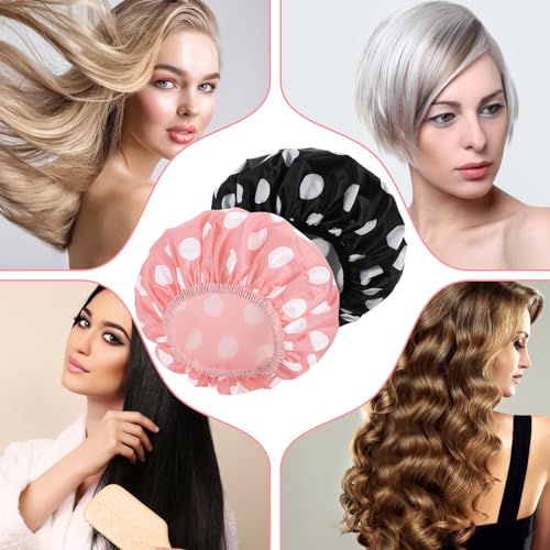 WSICSE 2 Packs Large Shower Caps for Women, Waterproof Shower Cap Double Layers Bath Caps with Hair Scrunchies for Long Thick Hair - color: pink, black