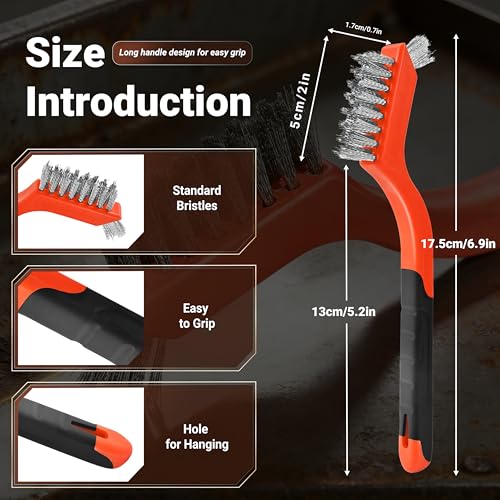 6 Pieces Stainless Steel Wire Brush Set, Stainless Steel Bristles | for Cleaning Welding Slag and Rust,Scratch Brush with Mini Head & Hanging Hole for everyday cleaning - color: Stainless steel
