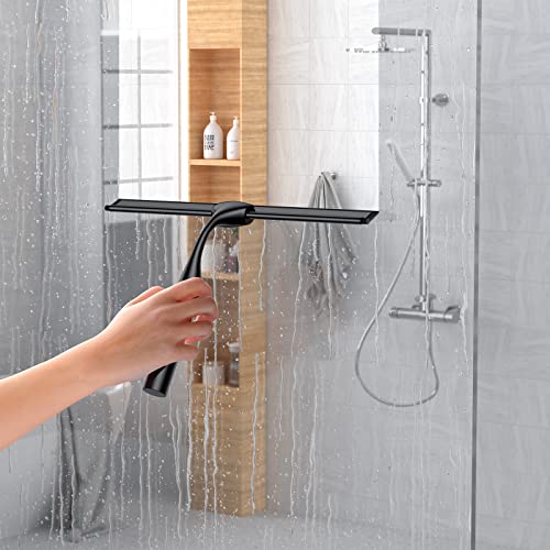 Black Shower Squeegee for Glass Door 12-Inch Bathroom Squeegee Window Wiper, with Shower Door Hook, Adhesive Hook, Spare Silicone Blade for Window Mirror Car All-Purpose Squeegee - color: Black, size: 12-inch