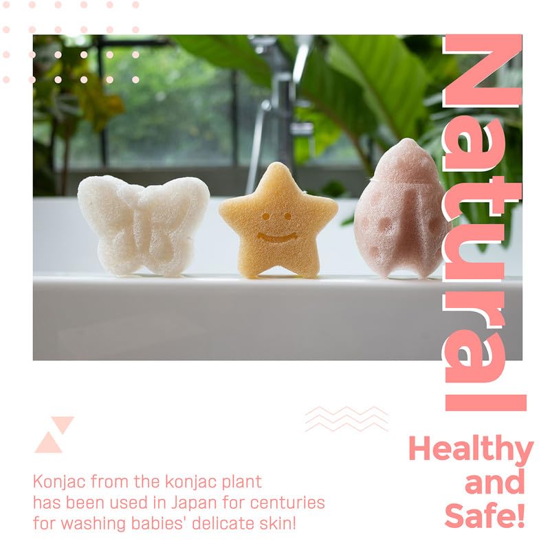 myHomeBody Konjac Sponge, Bath loofah, 3pc, Butterfly, Ladybug, Star | Natural Safe Plant-Based, Cute Shapes Bath Sponge for bathing, Shower Sponge for bath, Body Loofah, Shower Loofah, Face Luffa - color: Ladybug,butterfly,star