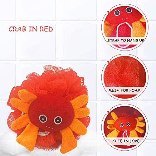 (4 Pack) Lovely Animal Design Kids Exfoliating Bath Scrubber Body Scrubber Shower Ball for Baby Toddler Kids Gentle Exfoliating Bath Sponge Loofah Pouf in Colorful Design - style: happy MARINE