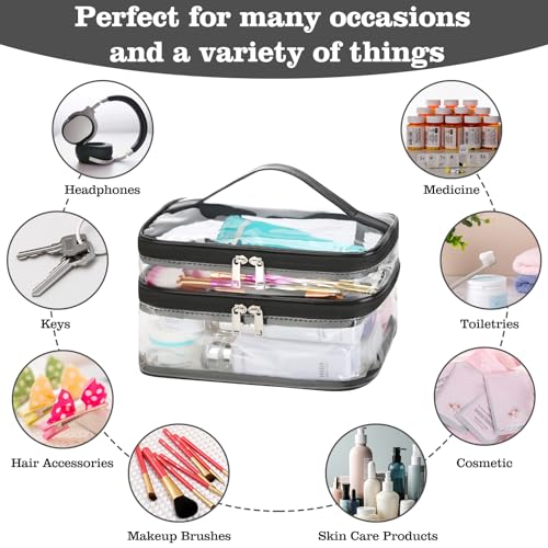 HAOGUAGUA Double Layer Clear Cosmetic Bag Makeup Bag, Waterproof Travel Toiletry Bag, Transparent PVC Pouch Organizer (Black-large) - color: Black-large