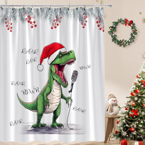 Christmas Shower Curtain Funny Dinosaur Singing Santa Hat Snowy Pine Tree Leaves Berry Cute Cartoon Dino Creative Winter Holiday Happy New Year Bath Curtain with Hooks - size: 70"W x 75"L (Pack of 1)