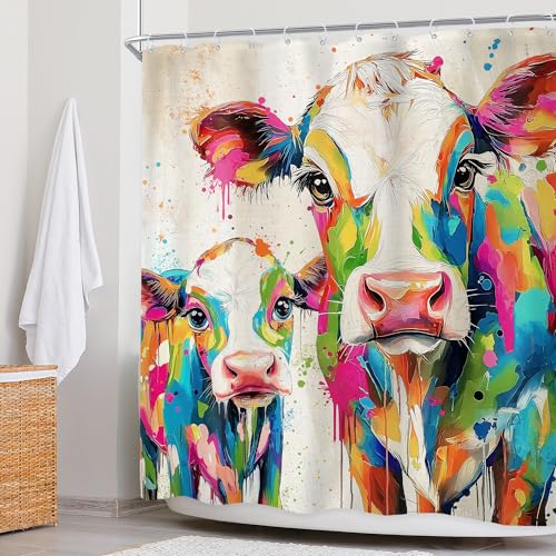 Newsely Farmhosue Highland Cow Shower Curtain 60Wx72L Inch White Background Color Oil Painting Cows Rustic Western Animal Bathroom Set Colorful Waterproof Bath Decoration Accessories Home Decor - color: C-01cow, size: 60"W x 72"L (Pack of 1)