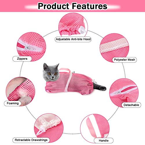 JULMELON 10PCS Cat Bathing Bag Adjustable Shower Washing Net Grooming Set | Polyester Mesh, Kitten Adult Pet Grooming, Shower Bathing Nail Trimming Examination, Brush Clipper File Comb Tick Tool Caps - color: Pink+Grey