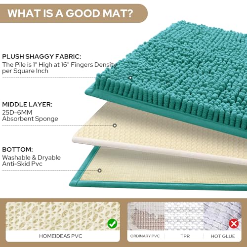 HOMEIDEAS 3 Pieces Bathroom Rugs, Ultra Soft Non Slip Absorbent Chenille Toilet Bath Mat Set (Teal) - color: Green-teal, size: 17"x24"+20"x32"+U Shape 20"x24"