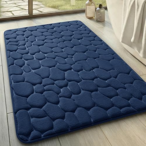 YIHOUSE Memory Foam Bath Mat Cobblestone Bathroom Rugs Super Water Absorbent Bath Mats for Bathroom Machine Washable Bath Rugs(20x32,Dark Blue) - color: Dark Blue Single, size: 1'8" x 2'8" (Rectangular)