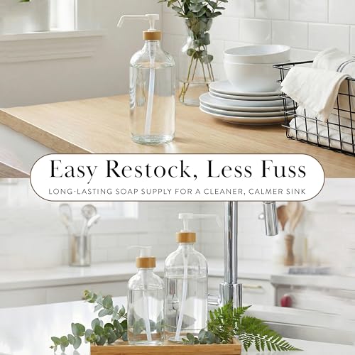 SAVVY & SORTED Glass Dish Soap Dispenser for Kitchen Sink 1 Liter, Hand Soap Dispenser for Bathroom, Refillable Clear Glass Bottles with White Bamboo Pump for Liquid Hand Wash, 34 Fl Oz - color: Clear Bottle - 1 Ltr