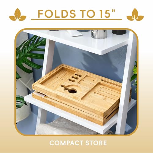 Premium Foldable Bamboo Bathtub Tray Caddy, Expandable Bath Caddy Tray with Holder, Natural Bath Shelf Over Tub, Spa Bathroom Accessories & Gifts for Home - color: Natural