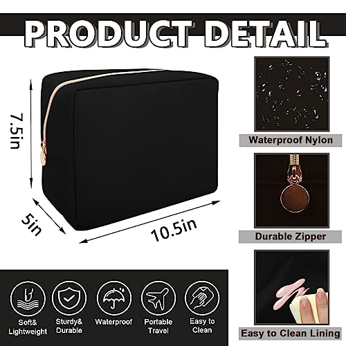 UIXIZQ Waterproof Large Makeup Pouch,Nylon Women Travel Toiletry Storage Preppy Cosmetic Bag for Girls,Big Makeup Organizer Bag Cute Zipper Pouch for Sport Work Gift(Large-Black) - color: Black, size: Large
