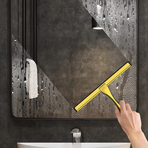 All-Purpose Stainless Steel Shower Squeegee for Shower Doors with 2 Adhesive Hooks, Bathroom Cleaner Tool Household Window Mirror Squeegee for Home Cleaning, Glass Door, Tile Wall, Car, 10 Inch Golden - color: Golden, size: 10 Inch