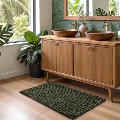 DEXI Bathroom Rug 16x24, Super Soft Thick Chenille Absorbent Bath Mat, Non Slip Machine Washable Fluffy Shag Bathmat for Tub, Shower Floor, Olive Green