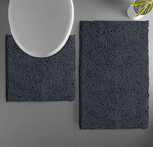 LuxUrux Bathroom Rug Set 2 Piece, Soft Absorbent Cheinlle Microfiber Bath Mat with Contour Toilet Rug, Non-Slip, Machine Wash Dry, Plush Shaggy Mats for Bathroom (20"x 30"+20"x 20" U-Shaped Charcoal) - color: Charcoal, size: 2 Piece Set