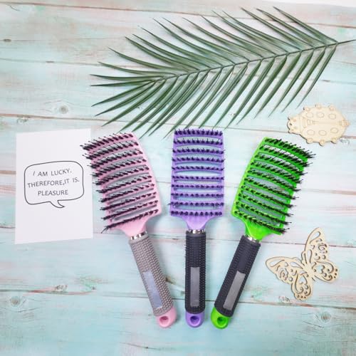 3 Pack Detangling Brush Getting Knots Out without Pain Adds Shine and Makes Hair Smooth, Detangler Boar Bristle for Adult & Kids Wet or Dry Hair(Pink/Purple/Green)