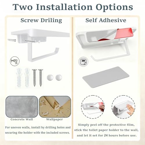Pure White Toilet Paper Holder with Shelf, Premium Thicken Aluminum Alloy, Self Adhesive Toilet Tissue Roll Holder Wall Mount for Bathroom, Washroom, Kitchen, RV with Cell Phone Storage - color: Pure White