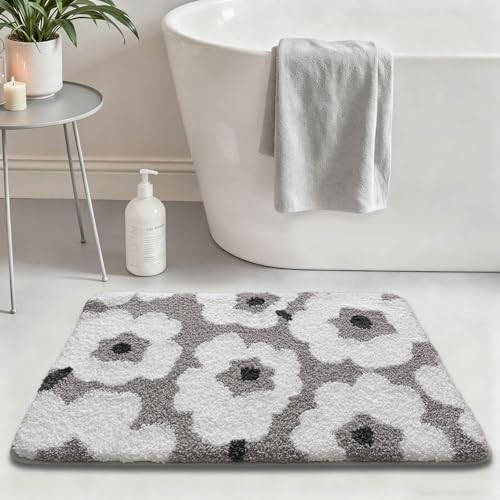LUMI Bathroom Rugs Cute Floral Design, Soft Absorbent Microfiber Bath Mat Non-Slip, Machine Washable Quick Dry Grey Luxury Rug Flower for Floor, Bathtub, Home Decor, 20"x32" - color: C-white Flower, size: 20"x32"