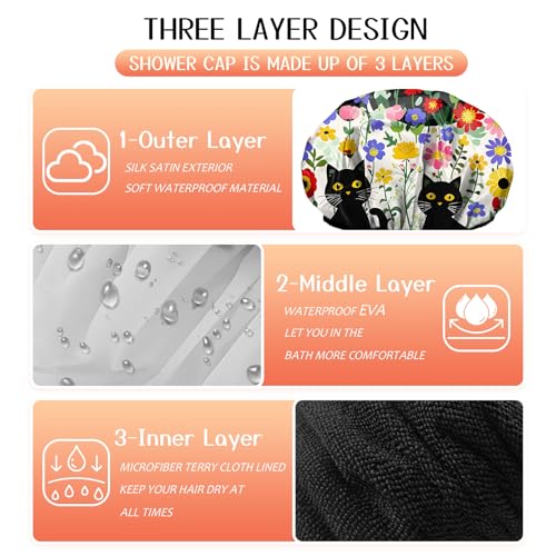 Luxury Shower Cap Terry Lined Reusable Triple Layer Waterproof Hair Elastic Caps Shower Bath Hat for Women Girls Cute Aesthetic-Flower Black Cat - color: AL6-Flower Black Cat