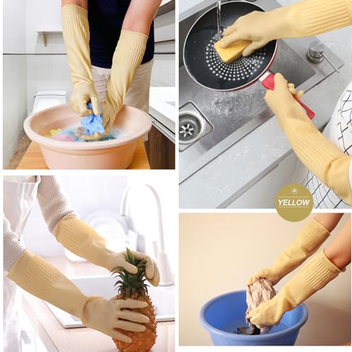 Bamllum 3 Pairs of Rubber Dishwashing Gloves for Kitchen and Household Cleaning – Long Cuff 15", Reusable, Flexible Long-lasting and Non-Slip (Red+Yellow+Green, X-Large) - size: XL(Best for Large Hands)