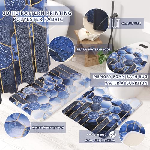 XLHOMO Bathroom Set - 26PC Bathroom Set with Shower Curtain and Rugs, Bathroom Accessory Set, Navy Blue Bathroom Sets, Trash Can & Soap Dispenser - style: Navy Blue&Gold