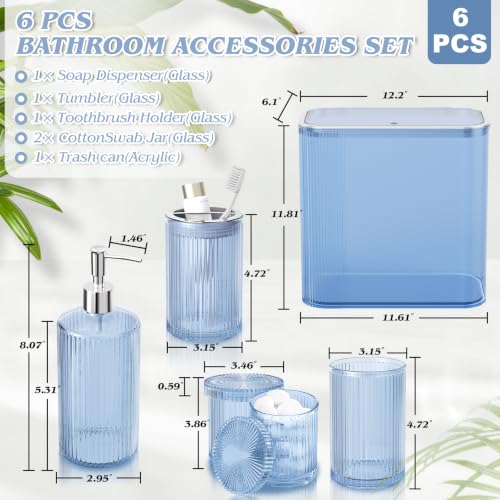 Blue Bathroom Accessories Set, 3.5 Gal Trash Can with Press-Top Lid, Glass Bathroom Set Inclued Soap Dispenser, Toothbrush Holder, Tumbler, Qtip Holders, Vintage Bathroom Sink Set Cute Bathroom Decor - color: Blue, size: 6 Pieces