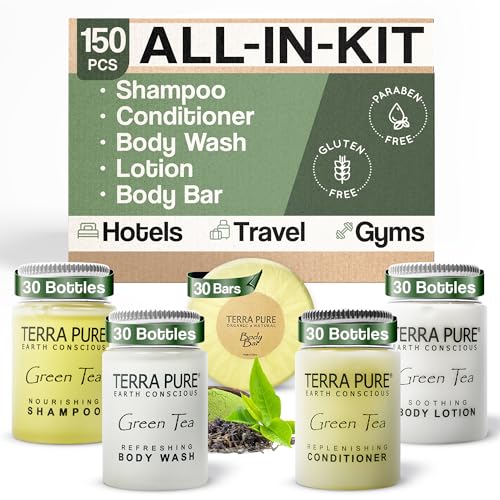 Terra Pure Hotel Soaps & Toiletries Bulk Set | 1-Shoppe Amenities Kit | 1oz Shampoo & Conditioner, Body Wash, Lotion, 1.25oz Bar Soap | Travel Size | 150 Pieces - style: 150 PIECES