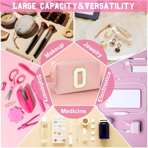 Personalized Initial Makeup Bag with Handle, Preppy Cosmetic Bag with Inner Zipper Pocket, 8 9 10 11 12 13 14 Years Old Girl, Graduation Gifts for Teen Girls Women Teachers (O, Pink) - color: Pink, style: O