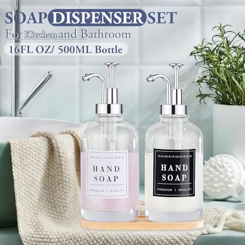 Glass Soap Dispenser with Pump,Tray,Funnel, Countertop Soap and Lotion Dispenser Set of 2 with 60 Stickers, Dish and Hand Soap Dispenser Bottle for Kitchen,Bathroom,Shower, 500ml/16.9oz - color: Blk-5010-2s