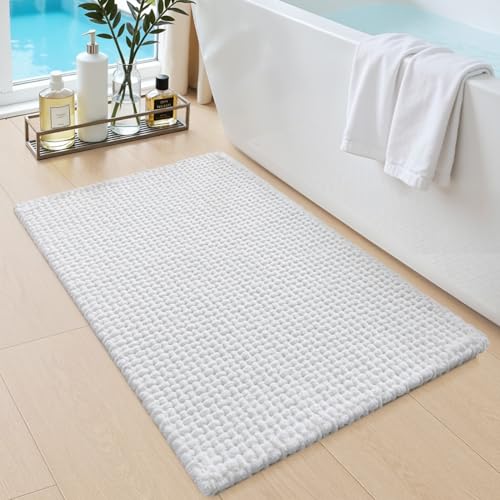 DEXI Bathroom Rugs 24x16, Non Slip Washable Bath Mat, Absorbent Chenille Bathmat, Ultra Soft Thick Carpet for Tub Shower Floor, White - color: White, size: 24" X 16" (Rectangular)