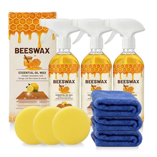 Beeswax Wood Polish Spray, 2026 Upgrade Natural Beeswax Essential Oils Wax, Bees Wax Furniture Polish and Cleaner Kit with Sponge and Towel for Wood Furniture Floors Living Room Kitchen (3 PCS) - color: 3 PCS