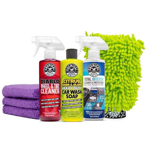 Chemical Guys Car Cleaning Kit - with Car Wash Soap, Wheel Cleaner, Total Interior, Car Wash Mitt - Interior and Exterior Wash Kit with Vehicle Cleaning and Detailing Accessories - 7 Item Kit - style: KIT