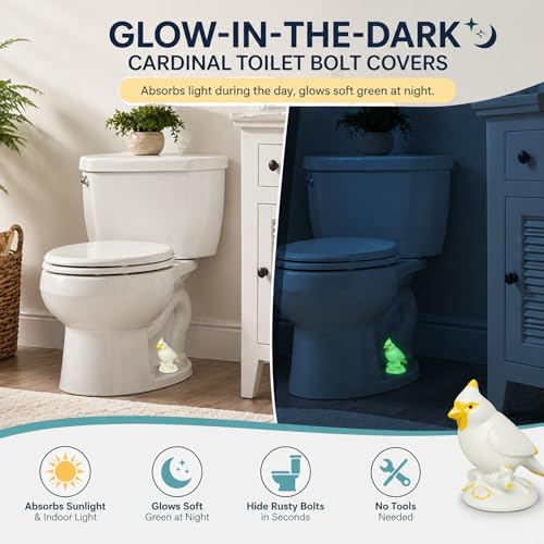 Glow in the Dark Bird Toilet Bolt Covers Decorative, Bolt hole 1.14'' | 2Pack PLA Material, Hides Rusty Toilet Bolts, for Bird Lovers, Glows After Light Exposure - style: Cardinal Bird