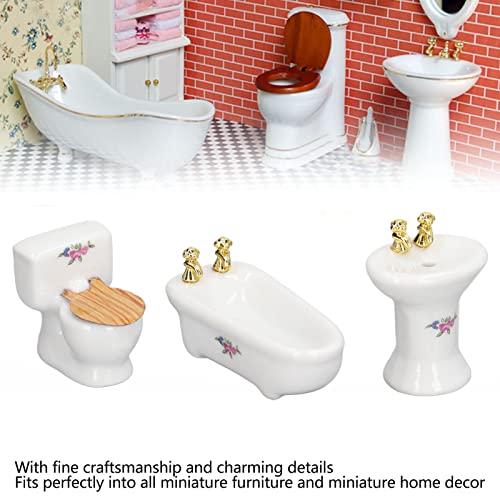 1:24 Dollhouse Miniature Bathroom Set, Ceramic Simulation Bathtub Toilet Sink, Miniature Furniture, Mini Ceramic Bathroom Furniture Set for Dollhouse Restroom Decoration (Flower Pattern)