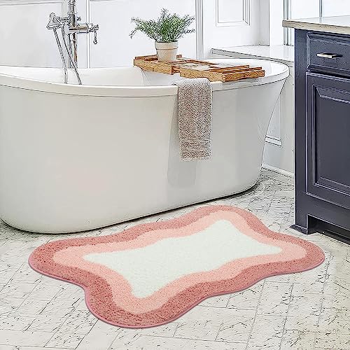HAOCOO Pink Bathroom Rugs Non Slip 20X31 inch, Ultra Soft Absorbent Irregular Shape Bath Rug, Microfiber Washable Non-Slip Bathmat Boho Decor for Bedroom Bathroom Floor Tub Shower - color: Pink, size: 20x31 inch (Irregular)