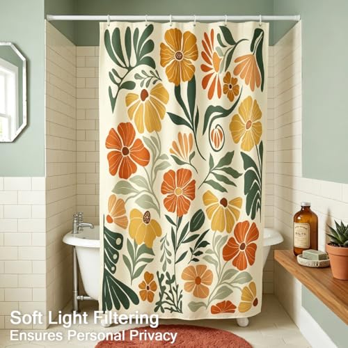 Boho Floral Shower Curtain Stall Small Half Single Mini Vintage Retro Orange Flower Cute Colorful Fun Abstract Pretty Aesthetic Fabric Cloth Bathroom Decor Set 36x72 inch Polyester 7 Hooks - color: Orange, size: 36"W x 72"L (Pack of 1)