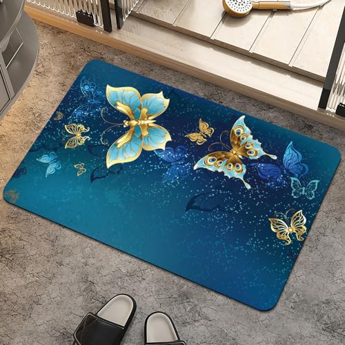 Bath Mat Rug,Blue and Gold Butterfly Non Slip Quick Dry Super Absorbent Thin Bathroom Rugs Fit Under Door-Easy to Clean Bathroom Floor Mats-Shower Rug for Shower Sink Bathtub(20" x 31"in) - color: Blue and Gold Butterfly, size: 1'8" X 2'8" (Rectangular)