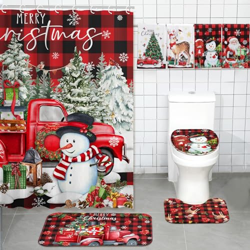FuWeave 8 Pcs Christmas Shower Curtain Set Xmas Santa Bathroom Decoration Christmas Tree Hand Towels Snowman Toilet Lid Cover Bathroom Rugs Xmas Shower Curtain with Hooks(Buffalo Plaid) - color: Buffalo Plaid