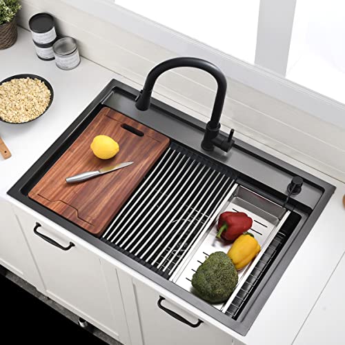 33 Inch Black Drop In Kitchen Sink - VOKIM33 x22 Inch Drop In/To pmount sink Workstation Splash Guard Stainless Steel 16 Gauge 10'' Deep Single Bowl Sink with Cutting Board & Strainer - color: Black（Splash Guard）, size: 33"L x 22"W x 10"D
